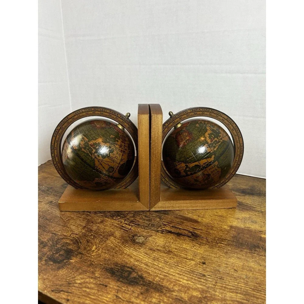 Vintage Italian Globe Bookends Wood Faux Antique Map Library Decor Made in Italy